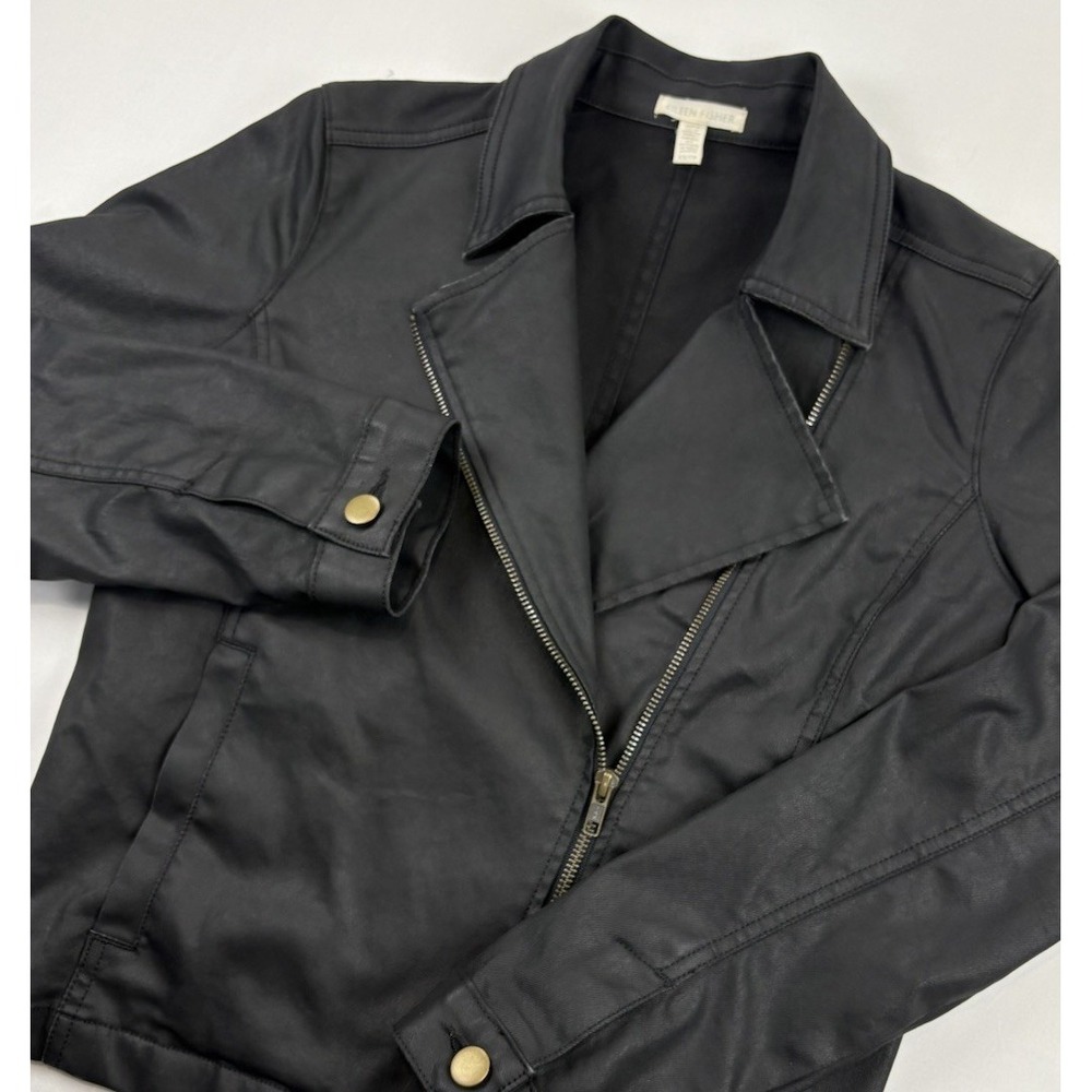 Eileen Fisher Waxed Cotton Denim Black Asymmetrical Zip Jacket. Women's XS.